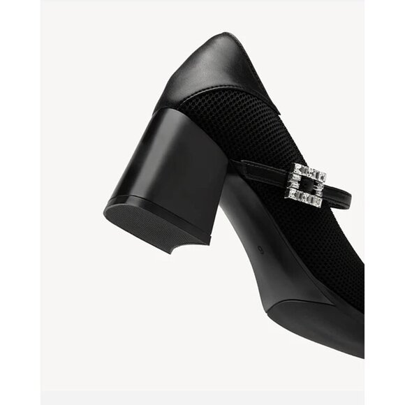 🆕 Women's Chunky Mid Block Heels Mary Jane Rhinestone Buckle Work Pumps Black - Picture 4 of 5